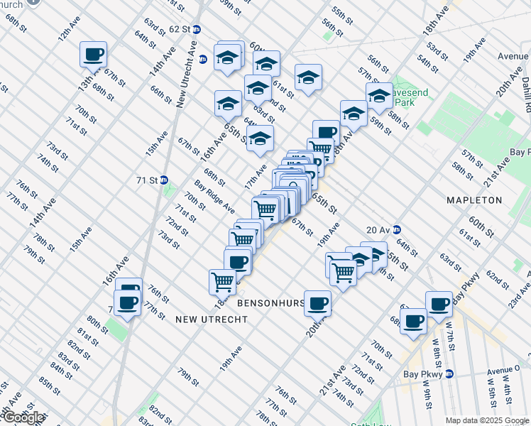 map of restaurants, bars, coffee shops, grocery stores, and more near 1755 68th Street in Brooklyn