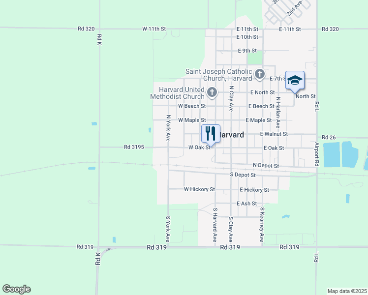 map of restaurants, bars, coffee shops, grocery stores, and more near 201 North Hamilton Avenue in Harvard