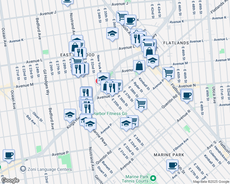 map of restaurants, bars, coffee shops, grocery stores, and more near 1497 East 34th Street in Brooklyn