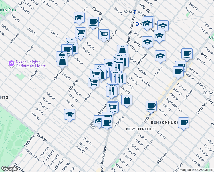 map of restaurants, bars, coffee shops, grocery stores, and more near 1538 73rd Street in Brooklyn