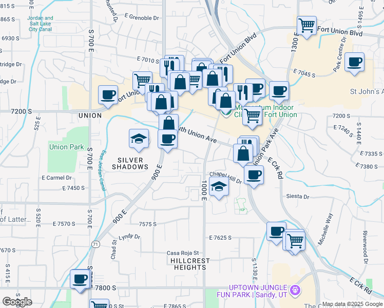 map of restaurants, bars, coffee shops, grocery stores, and more near 955 Creekhill Lane in Midvale