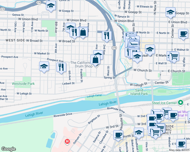 map of restaurants, bars, coffee shops, grocery stores, and more near 504 Spring Street in Bethlehem
