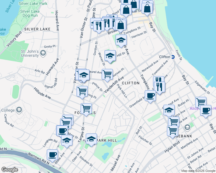 map of restaurants, bars, coffee shops, grocery stores, and more near 271 Vanderbilt Avenue in Staten Island