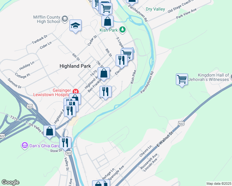 map of restaurants, bars, coffee shops, grocery stores, and more near 618 Woodland Avenue in Lewistown
