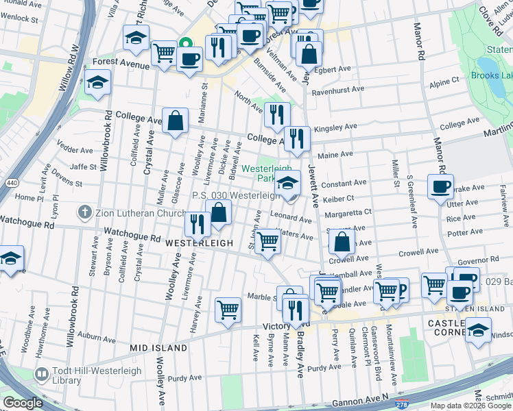 map of restaurants, bars, coffee shops, grocery stores, and more near 110 Lathrop Avenue in Staten Island