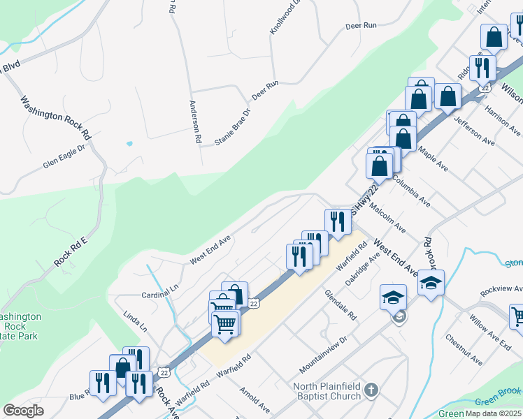 map of restaurants, bars, coffee shops, grocery stores, and more near 204 West End Avenue in Green Brook Township