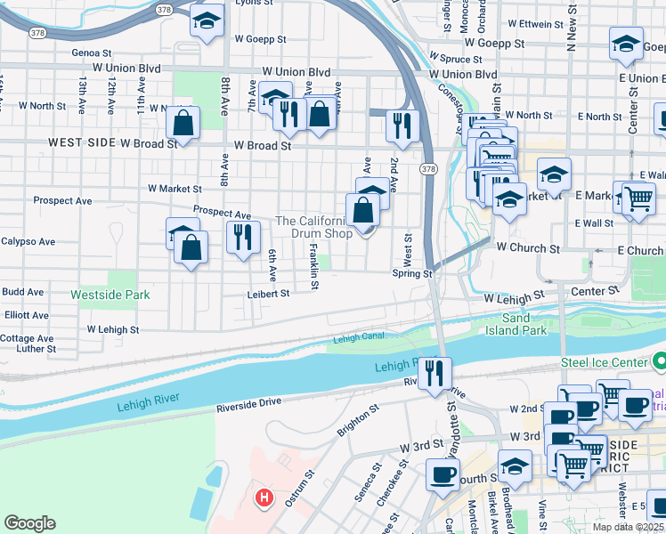 map of restaurants, bars, coffee shops, grocery stores, and more near 516 Spring Street in Bethlehem