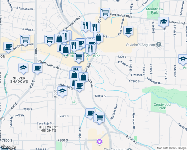 map of restaurants, bars, coffee shops, grocery stores, and more near 1212 East Waterside Cove in Cottonwood Heights