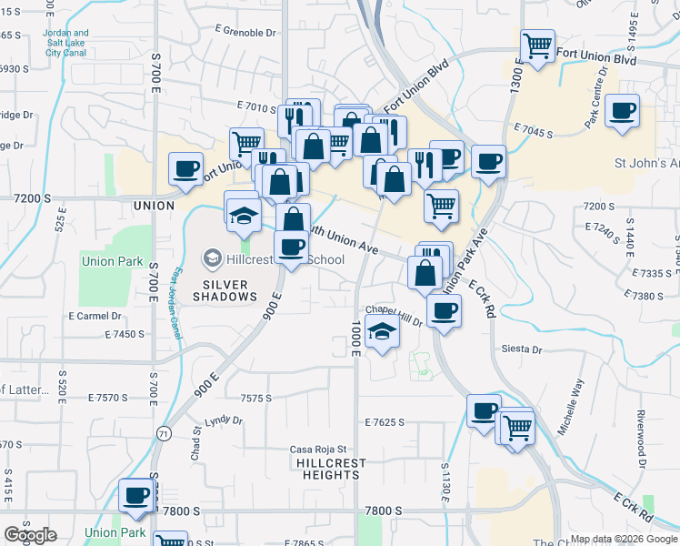 map of restaurants, bars, coffee shops, grocery stores, and more near 957 Creekhill Lane in Midvale
