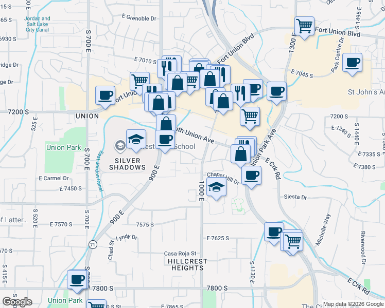 map of restaurants, bars, coffee shops, grocery stores, and more near 971 Creekhill Lane in Midvale