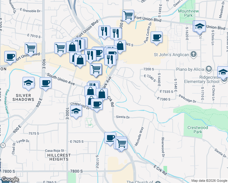 map of restaurants, bars, coffee shops, grocery stores, and more near 1199 Waterside Cove in Midvale