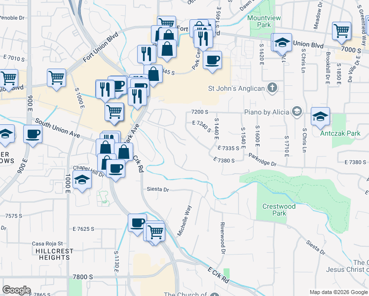 map of restaurants, bars, coffee shops, grocery stores, and more near 1352 East McCormick Way in Cottonwood Heights