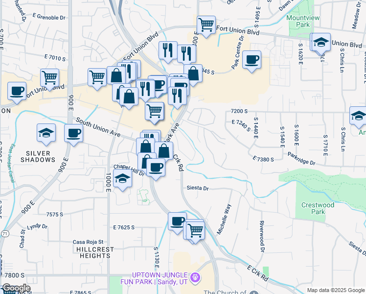 map of restaurants, bars, coffee shops, grocery stores, and more near 1199 Waterside Cove in Midvale