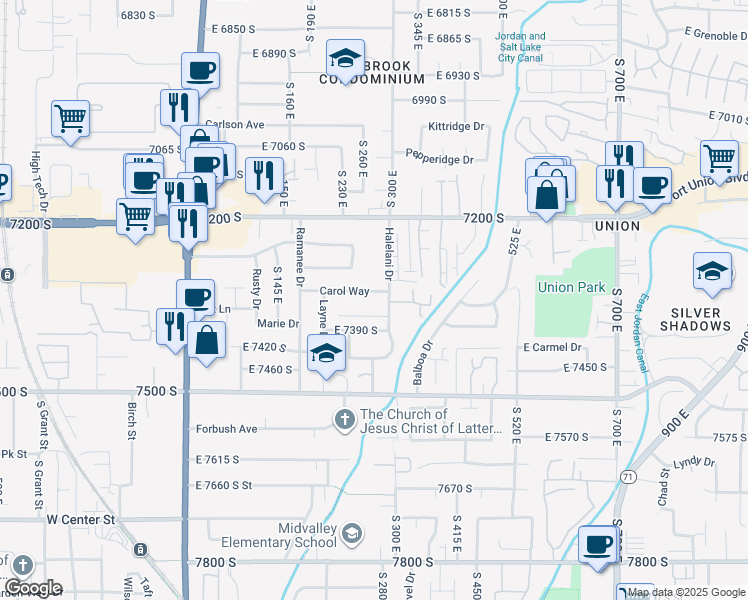 map of restaurants, bars, coffee shops, grocery stores, and more near 7321 South 300 East in Midvale