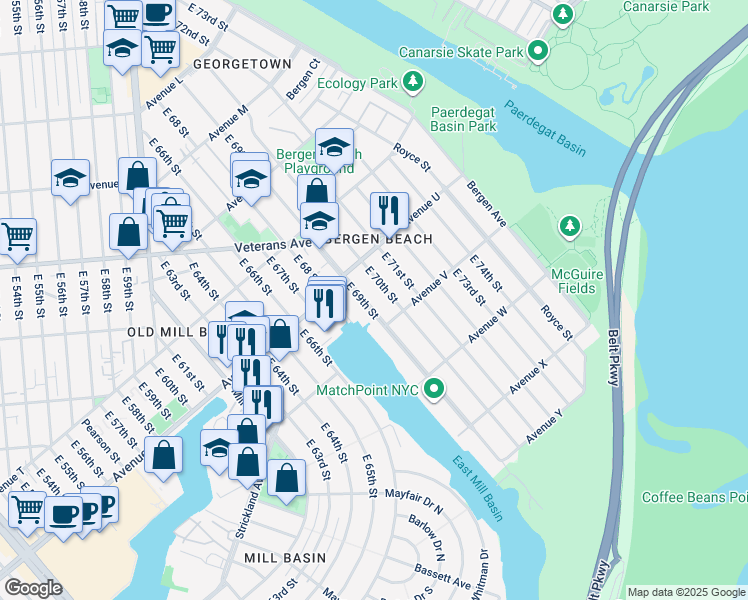 map of restaurants, bars, coffee shops, grocery stores, and more near 2101 East 69th Street in Brooklyn