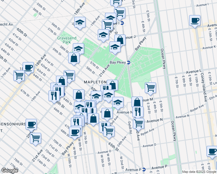 map of restaurants, bars, coffee shops, grocery stores, and more near 2140 58th Street in Brooklyn