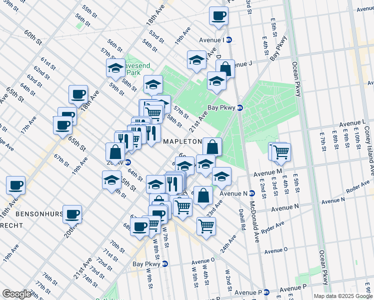 map of restaurants, bars, coffee shops, grocery stores, and more near 2102 59th Street in Brooklyn