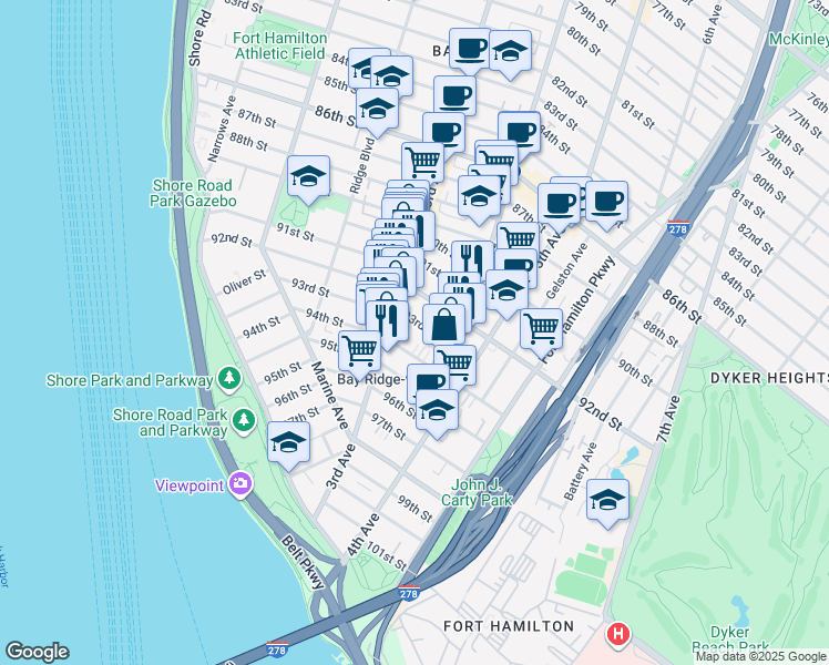 map of restaurants, bars, coffee shops, grocery stores, and more near 9204 3rd Avenue in Brooklyn