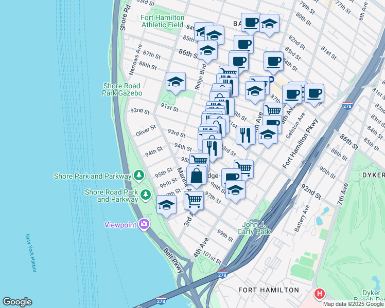 map of restaurants, bars, coffee shops, grocery stores, and more near 209 94th Street in Brooklyn