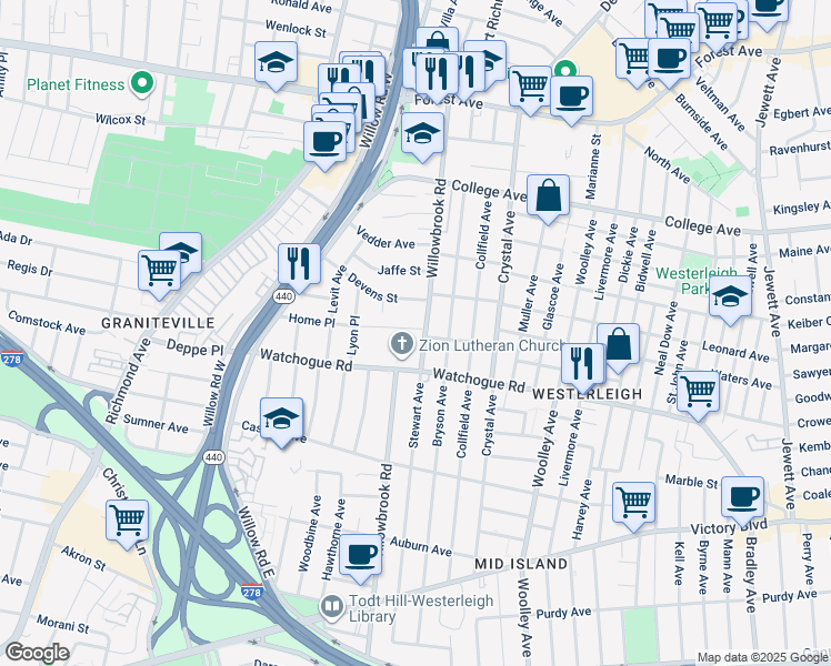 map of restaurants, bars, coffee shops, grocery stores, and more near 240 Willowbrook Road in Staten Island