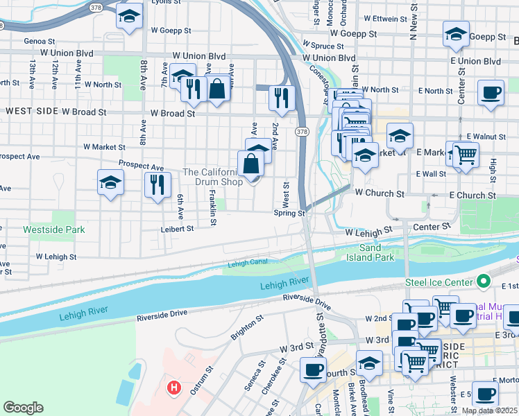 map of restaurants, bars, coffee shops, grocery stores, and more near 317 Rauch Street in Bethlehem