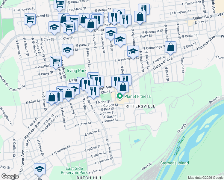 map of restaurants, bars, coffee shops, grocery stores, and more near in Allentown