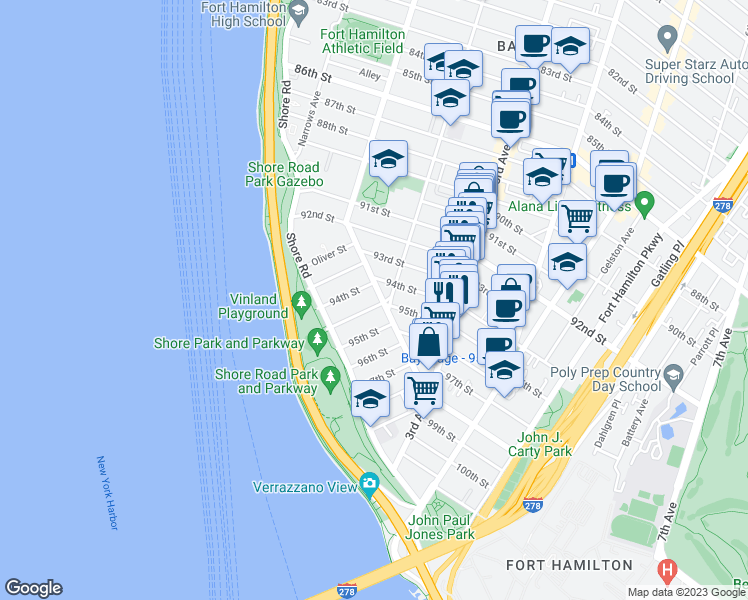 map of restaurants, bars, coffee shops, grocery stores, and more near 76 94th Street in Brooklyn