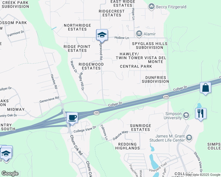 map of restaurants, bars, coffee shops, grocery stores, and more near 19274 Azar Lane in Redding