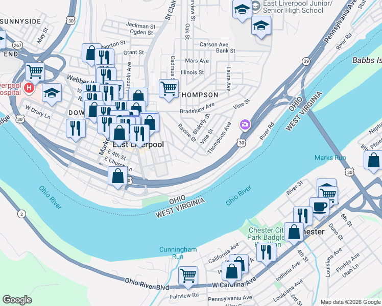 map of restaurants, bars, coffee shops, grocery stores, and more near 216 Ravine Street in East Liverpool
