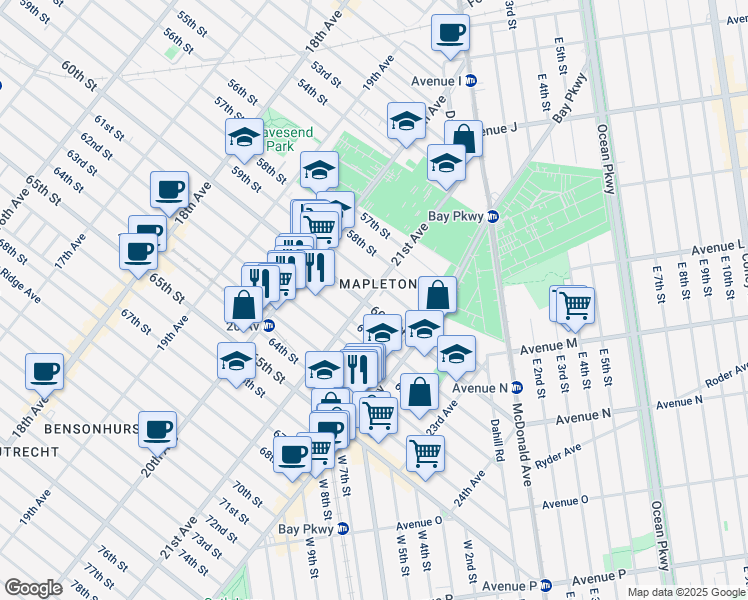 map of restaurants, bars, coffee shops, grocery stores, and more near 2102 59th Street in Brooklyn
