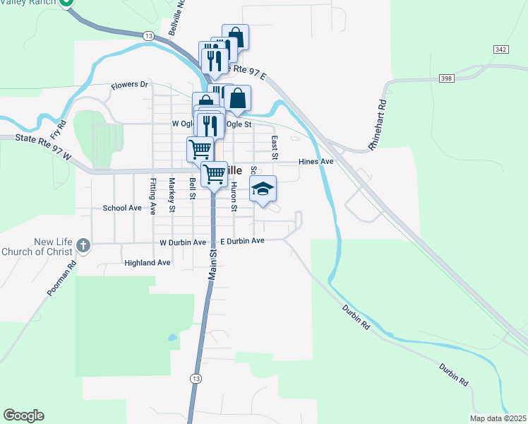 map of restaurants, bars, coffee shops, grocery stores, and more near 195 School Street in Bellville