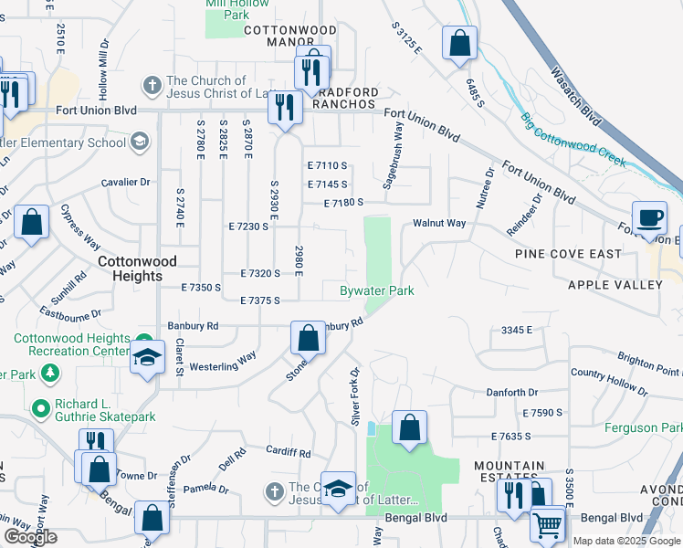 map of restaurants, bars, coffee shops, grocery stores, and more near 3071 East 7335 South in Cottonwood Heights