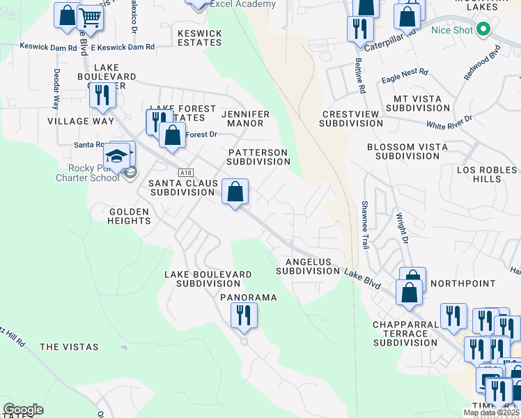 map of restaurants, bars, coffee shops, grocery stores, and more near 707 July Way in Redding