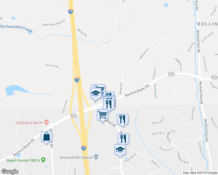 map of restaurants, bars, coffee shops, grocery stores, and more near 311 Marshall Heights Drive in Wexford