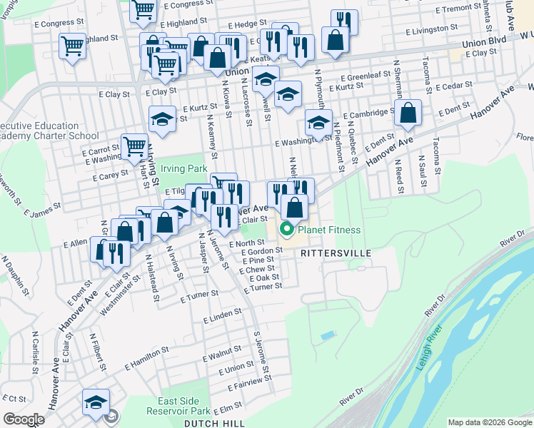 map of restaurants, bars, coffee shops, grocery stores, and more near in Allentown