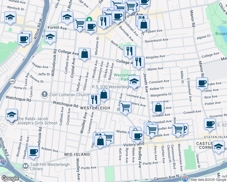 map of restaurants, bars, coffee shops, grocery stores, and more near 215 Demorest Avenue in Staten Island