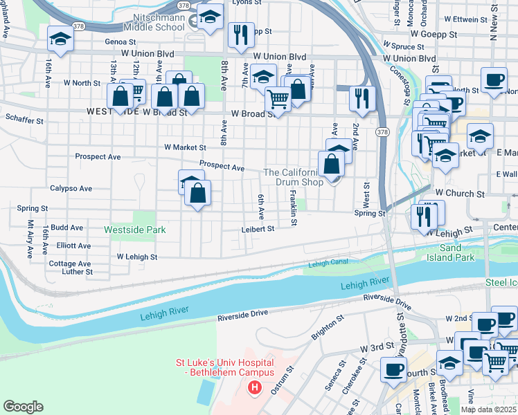 map of restaurants, bars, coffee shops, grocery stores, and more near 702 Spring Street in Bethlehem