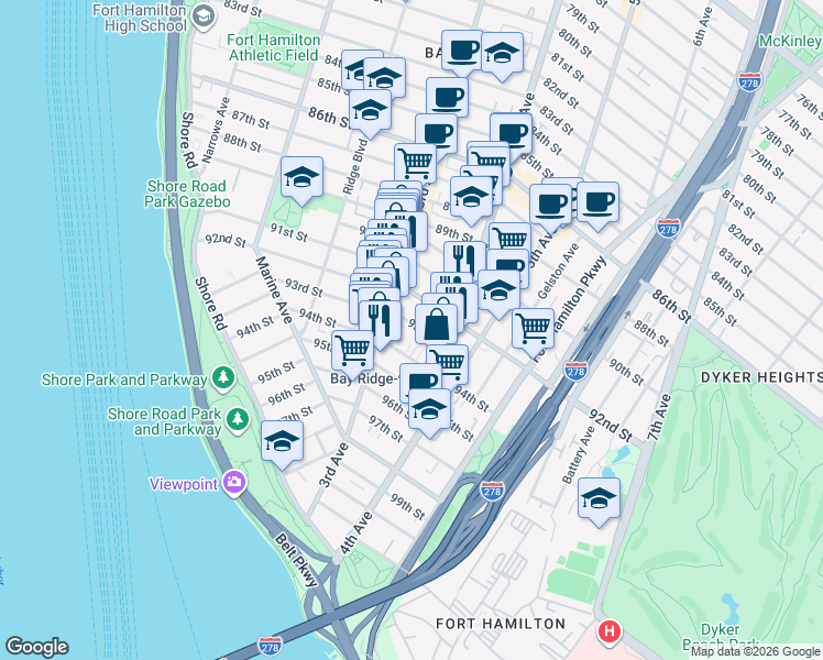 map of restaurants, bars, coffee shops, grocery stores, and more near 338 93rd Street in Brooklyn