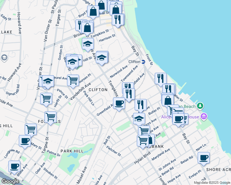 map of restaurants, bars, coffee shops, grocery stores, and more near 286 Tompkins Avenue in Staten Island