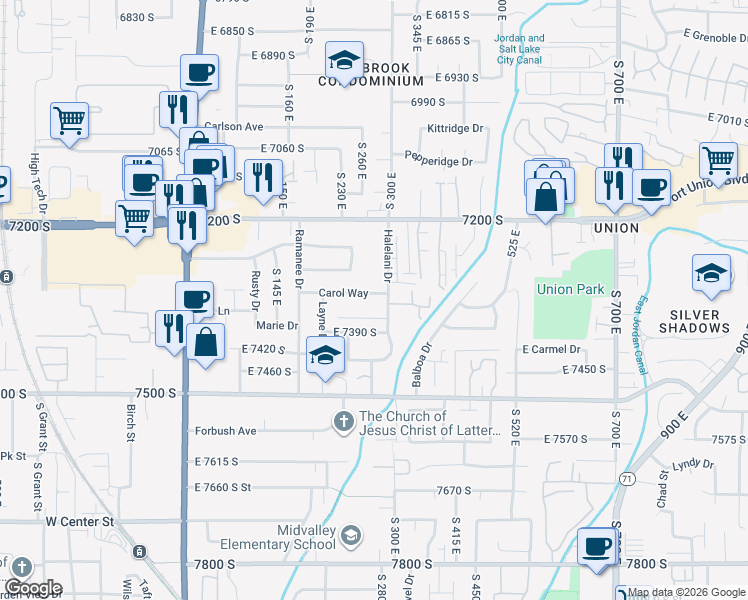 map of restaurants, bars, coffee shops, grocery stores, and more near 7321 South 300 East in Midvale