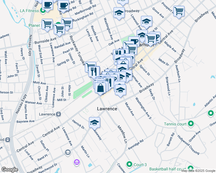 map of restaurants, bars, coffee shops, grocery stores, and more near 340 Central Avenue in Lawrence