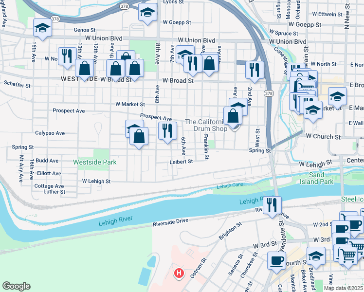 map of restaurants, bars, coffee shops, grocery stores, and more near 702 Spring Street in Bethlehem