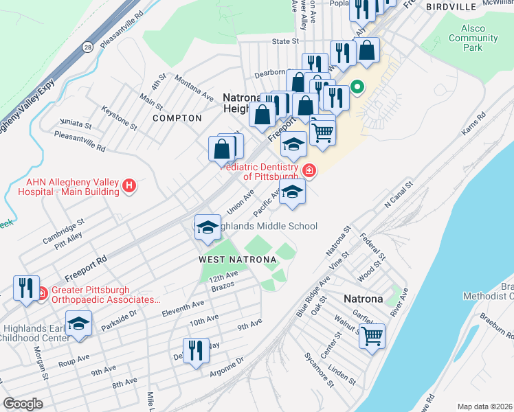 map of restaurants, bars, coffee shops, grocery stores, and more near 1424 Union Avenue in Natrona Heights