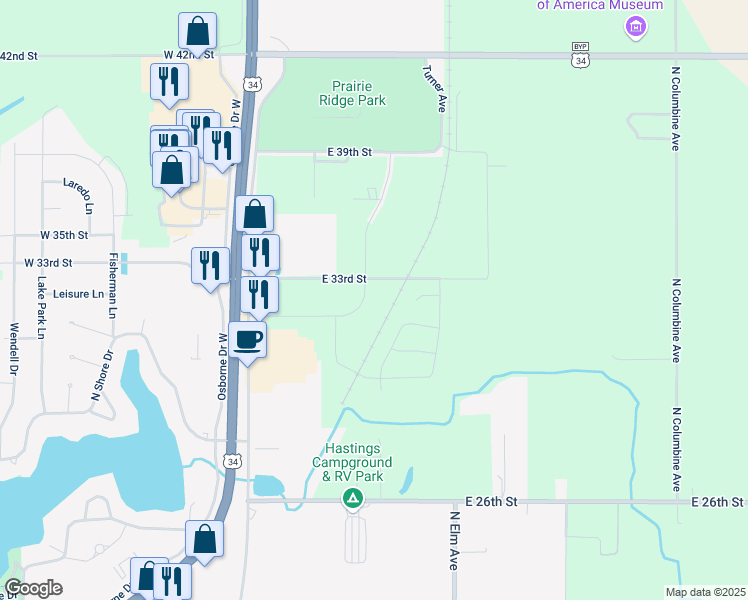 map of restaurants, bars, coffee shops, grocery stores, and more near 424 E 31st Street in Hastings