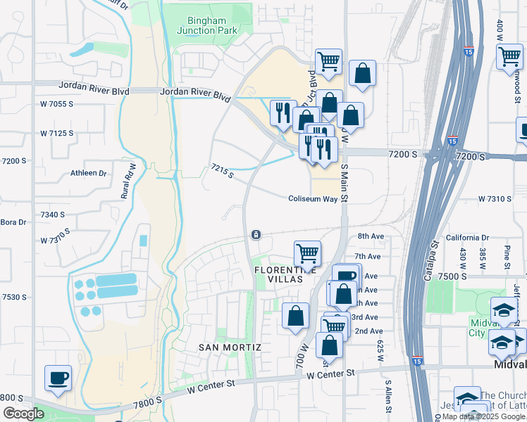 map of restaurants, bars, coffee shops, grocery stores, and more near 799 Coliseum Way in Midvale