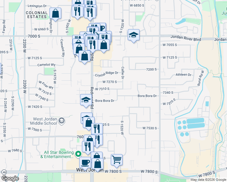 map of restaurants, bars, coffee shops, grocery stores, and more near 1573 West 7310 South in West Jordan