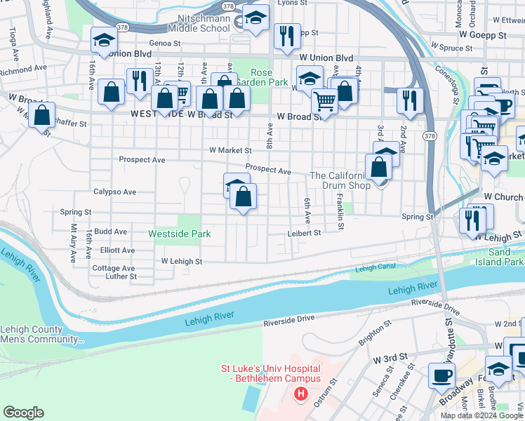 map of restaurants, bars, coffee shops, grocery stores, and more near 307 8th Avenue in Bethlehem
