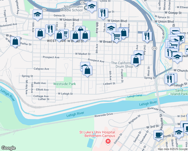map of restaurants, bars, coffee shops, grocery stores, and more near 307 8th Avenue in Bethlehem
