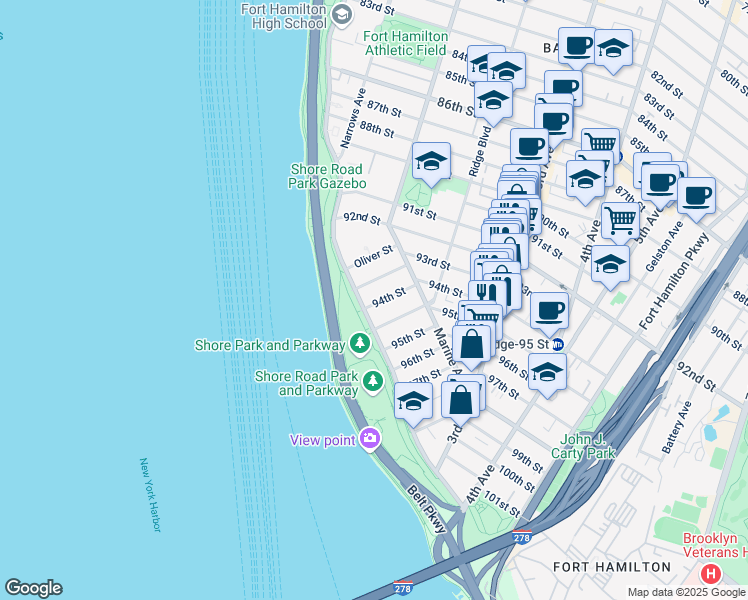 map of restaurants, bars, coffee shops, grocery stores, and more near 9323 Shore Road in Brooklyn
