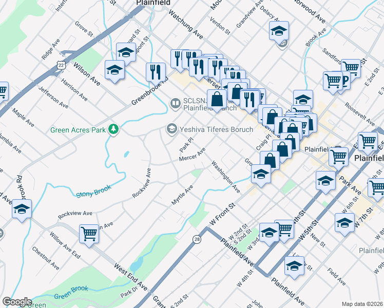 map of restaurants, bars, coffee shops, grocery stores, and more near 107 Park Place in North Plainfield